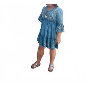NEW PAPILLON women's sophia embroidered denim bell sleeve dress in blue